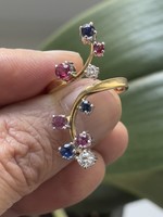About 1 forint! 14Ct gold ring (5gr) with snow white glasses (0.25ct), natural rubies, sapphires!