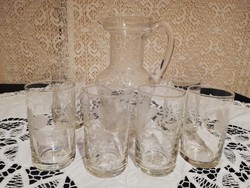 Old wine set for sale complete engraved glass jug with 6 engraved glass glasses!