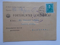 D185261 Portómentes Levelezőlap  Szeged 1939 -Vecseri István ügyvéd úrnak címezve -SZENTES
