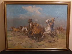 Viski János festménye (Ménest hajtó csikós fehér lovon)