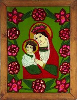 1G420 Antik erdélyi üveg ikon : Mária gyermekével