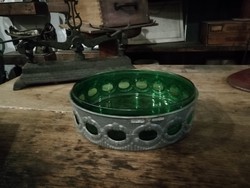 Emerald green blown glass serving bowl in embossed metal frame, early 20th century