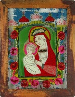1G440 Antique Transylvanian glass icon: Mary with her baby