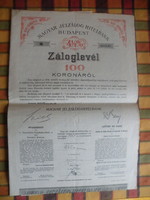 Magyar Jelzálog Hitelbank Budapest 4 1/2 % Záloglevél 100koronáról/1915/ 2 korona 25 fillér szelvény