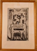 Etching titled Fk/111 - György Kádár - table with chairs and glasses