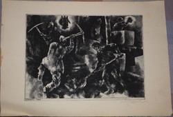 Feledy Gyula: Szenet!, 1945 rézkarc, szignózva, keret nélkül