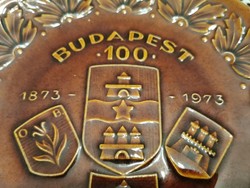 Retro applied art plate, wall plate, budapest 100 1873-1973, with five-pointed star, anniversary memory