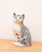 Nagyméretű retro porcelán cica figura - szürke csíkos macska, cirmos cica
