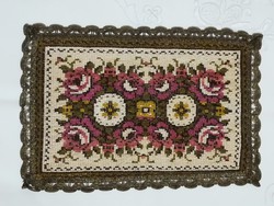 Antique embroidered tapestry tablecloth with metal fiber gilded border.