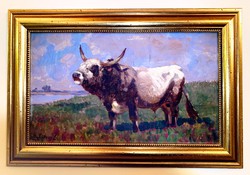 Lajos Zombory (1867-1933) gray cattle bull