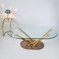 Smoking table; copper, marquetry, glass