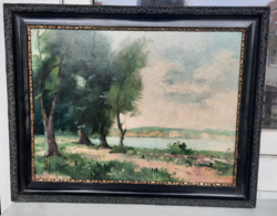 Riverside with spring flowers, unidentified sign (46x36)