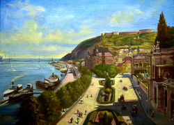 Xix. No. Hungarian painter: Buda view with the Danube - castle garden bazaar!