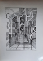 István Varga hajdú constructivist graphics from 1977, print after a line drawing - staircase corridor