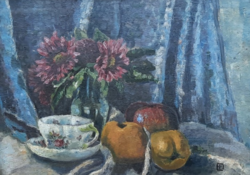 Csendélet csészével,  gyümölcsökkel és virágokkal (olaj, 40x30 cm) azonosítatlan jelzés