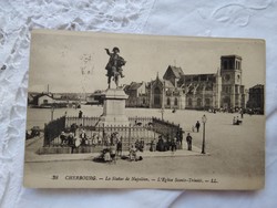 Antik francia városképes képeslap/üdvözlőlap Cherbourg Napóleon szobra, járókelők 1921