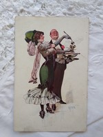 Antik osztrák Art Deco stílusú művészlap/képeslap, pincér, elegáns hölgy 1910-20-as évek