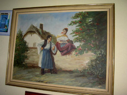 Village life picture - courtship - marked oil / canvas
