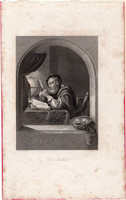 A tudós, acélmetszet 1845, Payne's Universum, eredeti, 12 x 16, metszet, könyv, toll, tanult