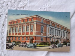 Régi amerikai képeslap, Könyvtár (Közkönyvtár) Bridgeport, Conn korabeli autók