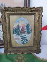 Old beautiful patterned tapestry, tapestry winter landscape, woody, pine tree, house. Collective beauty