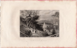 Philadelphia, Fairmount park, acélmetszet 1845, Payne's Universum, eredeti, 10 x 15, metszet, kert