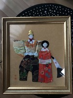 Régi japán textil kép fa keretben, üveg mögött