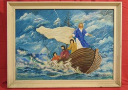 Tóth József Pál (1959- ) Jézus Názáretben - Szépen megfestett nagy méretű vallási jelenet