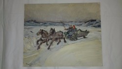 Géza Rimanóczy riding sled oil / cardboard painting 1966