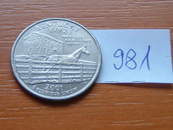 USA 25 CENT 1/4 DOLLÁR 2001 P (Kentucky), Réz-nikkellel futtatott réz, G. Washington #981