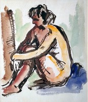 László Hajós: sitting nude - watercolor