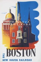 Boston architecture, iconic buildings, new haven railroad travel ad. Vintage / antique poster reprint