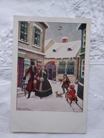 Old andrás biczó postcard / art card old good times in Hungary, winter joys before 1945