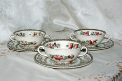3 pcs vintage johnson bros england indian tree cream soup with ear cups and plates