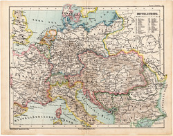 Central Europe political map 1873, original, German language, school, atlas, Kozen, monarchy