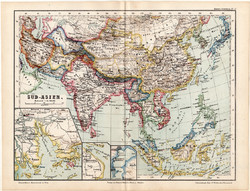 Dél - Ázsia térkép 1873, eredeti, német nyelvű, iskolai, atlasz, Kozenn, India, Kína, Borneó, Ceylon