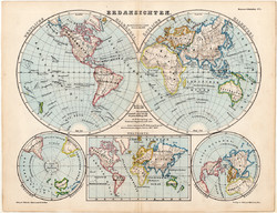 Világtérkép 1873, eredeti, német nyelvű, atlasz, iskolai, Kozenn, régi, térkép, sarkvidék, félteke