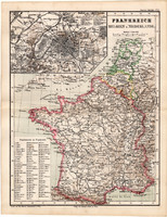 Franciaország térkép 1873, eredeti, német nyelvű, iskolai, atlasz Kozenn, Belgium, Hollandia, Párizs