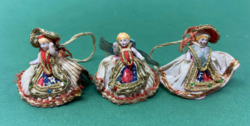 Antik, három darab  porcelán testű és kézzel varrott ruhájú angyal, karácsonyfadísz -CZ