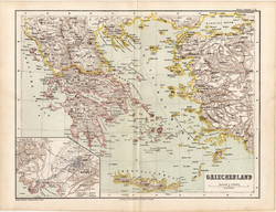 Map of Greece 1873, original, German language, school, atlas, kozenn, south, chalk, islands