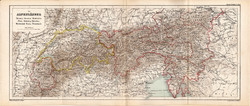 Alpok országai térkép 1873, eredeti, német nyelvű, iskolai, atlasz, Kozenn, politikai, országrész