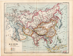 Ázsia politikai térkép 1873, térkép, eredeti, német nyelvű, iskolai, atlasz, Kozenn, Kína, India