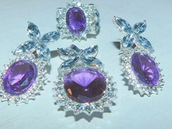 Art Nouveau amethyst shiny crystal stone white gold filled earrings pendant ring set