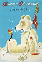Retro skiing poster switzerland snowy landscape flag white teddy bear polar bear skier woman nursery picture reprint