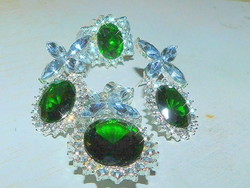 Art Nouveau emerald green crystal stone white gold filled earrings pendant ring set