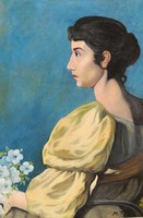 M.T.J .: Woman in yellow dress with flowers - oil painting, framed