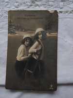 Antik fotólap/képeslap, Karácsony, téli táj, szánkózó gyerekek 1916