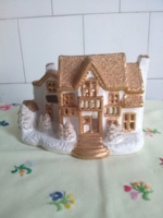 Snowy Christmas cottage ornament for Christmas village candlestick ceramic or porcelain
