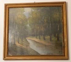 Quality painting marked under identification: with a stream inside the forest