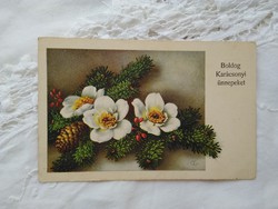 Régi grafikus, karácsonyi képeslap/üdvözlőlap toboz, fenyőág, virágok 1942